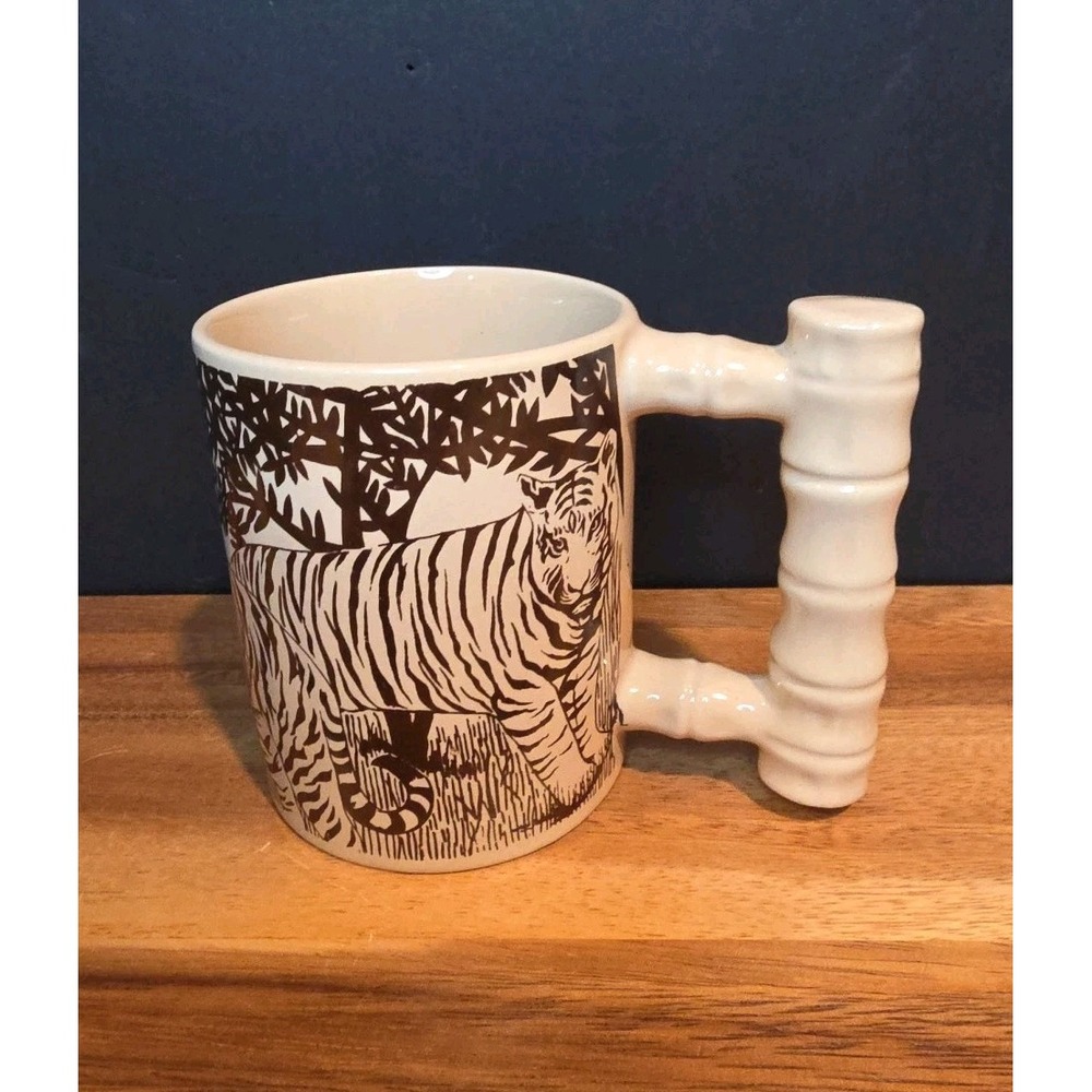 ARNART - Vtg Brown & Tan Tiger Safari Jungle Bamboo Royal Crown Coffee Cup Mug